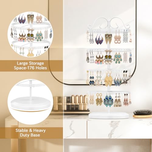 Image of MODOWEY 4 Tiers Metal Rotating Earring Holder Organizer Stand Adjustable Display Tree, 176 Holes Large Carousel Rack for Stud Hoop Pierced Dangling Women, Idear View for All Earrings, White