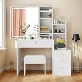Tocador Vanity con Espejo Luz LED Mueble para Maquillaje Vintage Blanco con Espejo Movible Escritorio con 4 Cajones y...