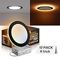 MAILCOS 12 Pack Black 6 Inch 5CCT LED Recessed Ceiling Light with Night Light, 2700K-5000K Selectable, Ultra-Thin Lighting, 12W=110W, 1050LM, Dimmable Canless Wafer Downlight ETL Certificated