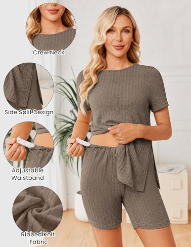 Image of Ekouaer Maternity Sets 2 Piece Outfits Ribbed Knit Short Sleeve Shirts and Biker Shorts Pregnancy Loungewear Mama Clothes