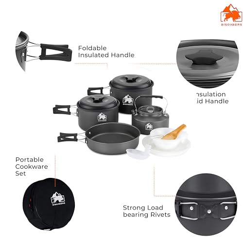 Image of BISONBERG 11 Pcs Cookware Set, Mess Kit, Accessories for Outdoor Camping, Utensils with Carry Bag, Bowl Pot Pan Set - Nonstick Aluminum - for 4-5 People