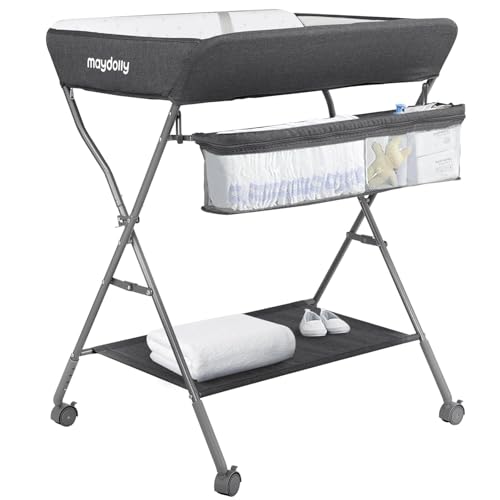 Maydolly Baby Klappbar WickelkommodeMobiler Wickeltisch mit Rollen und Wickelauflage Wasserdicht und HöhenverstellbarBaby Wickelkombi mit Ablagefächern(dunkelgrau)