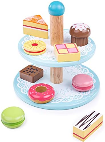 Bigjigs Toys Wooden Cake Stand with 9 Wooden Play Food Cakes - Quality Toy Food for Toddlers & Children, Perfect Kids Wooden Kitchen Accessories for Afternoon Tea Parties