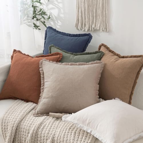 Image of MIULEE Boho Natural Linen Fringe Decorative Euro Throw Pillow Covers 22x22