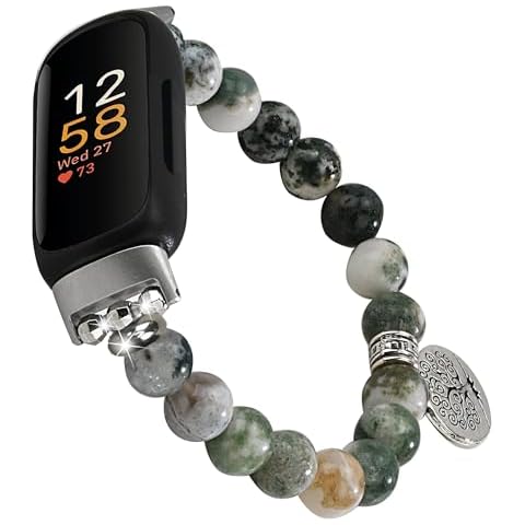 Wongeto Compatible with Fitbit inspire 3 Band Natural Gemstone Beaded Handmade Elastic Stretch Bracelet Tree of Life for fitbit insprie 3 Women (Vertical Agate) Cover