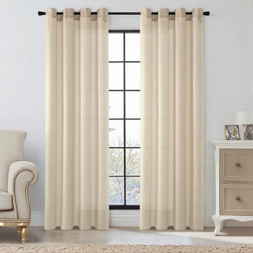 MIULEE 2 Unidades Cortinas Salon Translucidas Poliéster Lino con Ojales Visillos de Dormitorio Moderno Ventana Salon Habitacion Cuarto Dormitorio Comedor Cocina 140 x 215 cm Beige Claro