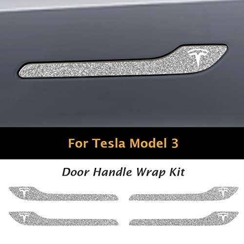Image of IPG Compatible for Model 3 / Model Y /Juniper Door Handle Decal Sticker Wrap Kit (Set of 4) with Tesla Logo Personalize Your Tesla (White Glitter)