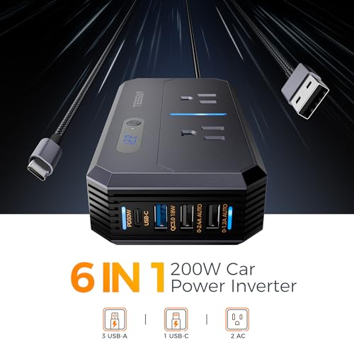 200W Car Power Inverter, TESSAN 12V DC to 110V AC Converter with 2 AC Outlets and 4 USB Ports, PD/QC 3.0 Fast Charging, Car-Essentials for Camping, Road Trip, Gray