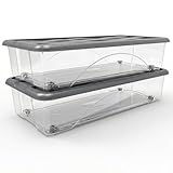 Set di 2 Scatole Sotto letto con Ruote Coperchio grigio 40 lt box basso h17,5 cm per letti Contenitori Salvaspazio in Plastica Trasparente cm 79x39 Ideale per Vestiti e Cambio Stagione Organizzazione