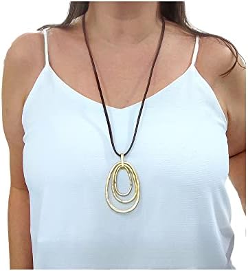 29” Long Leather Necklace, 3 Oval Ring Circle Necklace for Women, Leather Necklace, Long Pendant Necklace, Large Statement Necklace,Boho Jewelry.BALOOLA (Brown and gold)