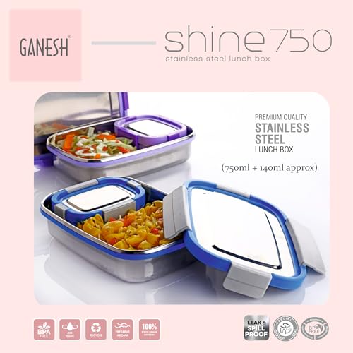Image of Ganesh Shine Stainless Steel Airtight Leak-Proof Lunch Box for Office, School, Picnic - 750 ml - Blue