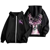 Genérico Chaqueta Deportiva Mujer Primavera Christmas Deer Print Sweatshirts For Womens Zip Up Hoodies Casual Long Sleeve Pullover Tops Drawstring with Pocket Outfits Sudaderas Mujer (Black, XXL)