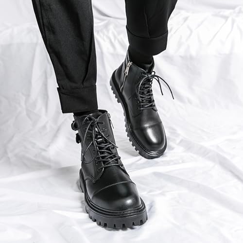 Men's Leather Platform Motorcycle Boots with Side Zipper Fashion Chunky Lug Sole Lace Up Combat Boots Casual Waterproof Biker Boots4