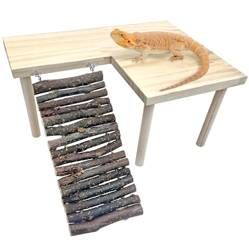 BNOSDM Wooden Basking Platform with Climbing Ramp Reptiles Hideout Bearded Dragon Hide Cave Reptile Tank Accessories Suit for Tortoise, Lizard, Toad, Gecko (L-Shaped)
