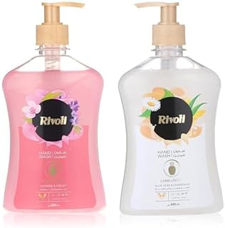 غسول اليدين برائحة الورد سعة 450 مل مع غسول لليدين برائحة الصبار وزهرة البابونج بلون أبيض سعة 450 مل من ريفولي