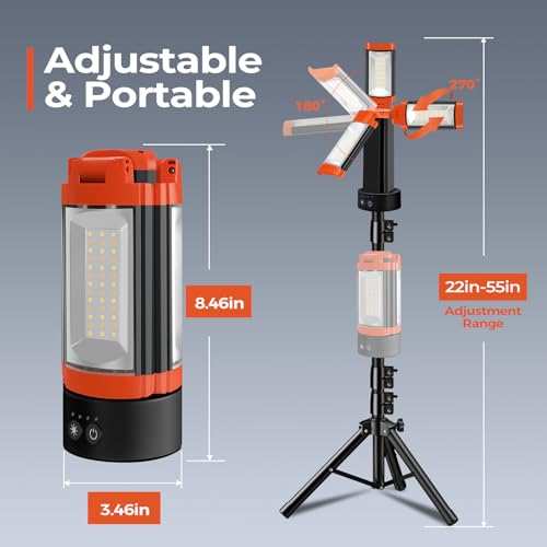 Rechargeable 12000mAh Camping Light with Adjustable Stand, Cordless Work Light with 3 LED Lamp Heads, 2200 Lumens Dimmable Magnetic Emergency Flashlight with Detachable Tripod, Orange by Rylpoint - Image 7