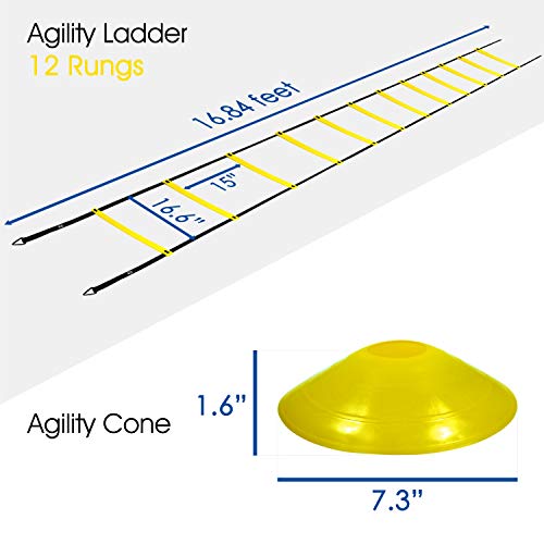 Yes4All Ultimate Combo Agility Ladder Training (Yellow) Set – Speed Agility Ladder Yellow 12 Adjustable Rungs, 12 Agility Cones & 4 Steel Stakes - Included Carry Bag #TOP1