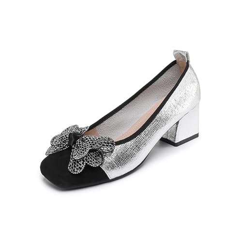 Women's Leather Glitter Rhinestone Bow Chunky Heel Pumps Fashion Comfortable Square Toe Slip on Mid Heels Dress Shoes for Party Prom Date Wedding