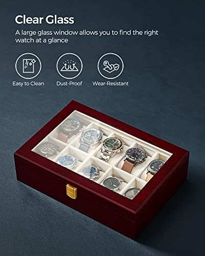 Songmics Watch Box, 10-Slot Watch Case With Large Glass Lid, Removable Watch Pillows, Velvet Lining, Watch Box Organizer, Gift For Loved Ones, Cherry Color Ujow10C #TOP4