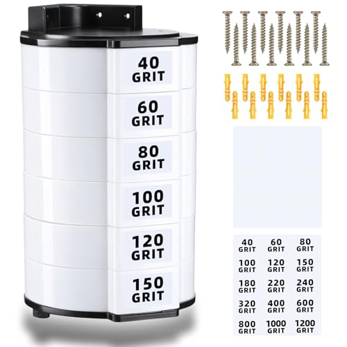 Colingmill 6 Bins Sanding Disc Storage Box 5 Inch Sandpaper Storage Organizer Sandpaper Tray Tool Storages Set with Grit Labels and Expansion Screws Space Saving Rack, Wall Mountable Workshop, White