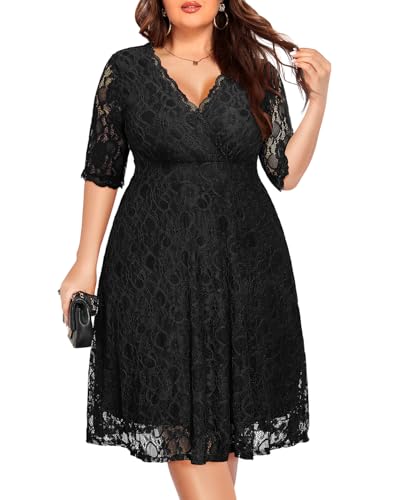 Women's Plus Size Wedding Guest Cocktail Party Semi Formal Lace Wrap V Neck Knee Length Dress Black Size 16