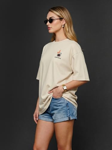 Image of JUNEBERRY Pure Cotton Oversized Drop Shoulder T-Shirt for Women | Front & Back Print, Half Sleeve, Baggy Fit, Round Neck | Sizes S-XXL