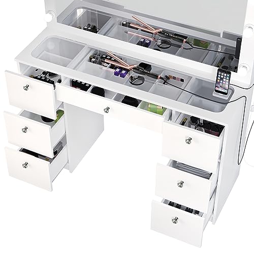 Boahaus Yara Large Bedroom Makeup Vanity Desk with Mirror and Lights, 7 Drawers, Glass Top, Crystal Knobs - White Big Vanity Makeup Desk, Built-in Lights, 56'' H x 46.3'' W x 14.6'' D