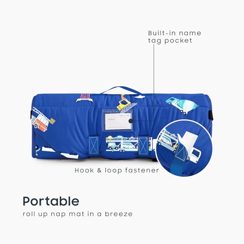 Image of Wake In Cloud - Cot Nap Mat with Pillow and Blanket, 100% Cotton Fabric, for Toddler Kids Boys Ages 3 Plus in Daycare Kindergarten Preschool with Elastic Corner Straps, Cars Cranes Trucks