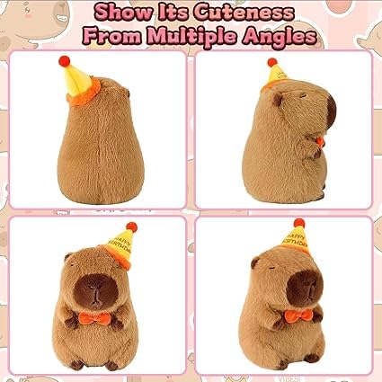 Capybara Peluche, 25cm Bambola di Peluche Giocattolo Peluche Capibara con Cappello da Compleanno Simpatico Pupazzo Cuscino Farciti Bambola Regali di Compleanno di Natale per Bambini