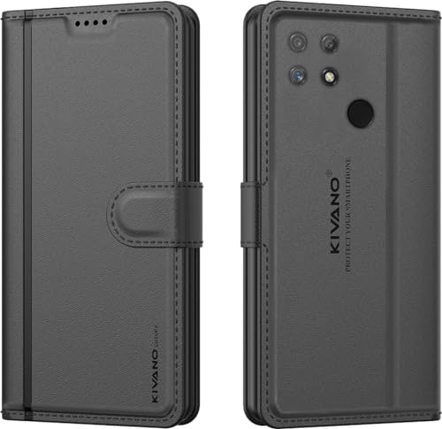Image of KIVANO LUXE Compatible for Realme Narzo 50A Luxury Handmade Leather Magnetic Flip Folio Case | Card Holder & Kickstand | Slim Protective Cover | Unisex - Black