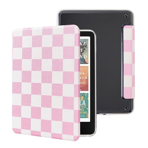Vane Oak Case for 7 Kindle Paperwhite 12th Generation 2024 and Kindle Colorsoft Signature Edition Slim PU Cover Case with Auto Wake/Sleep Checkerboard (Pink and White)