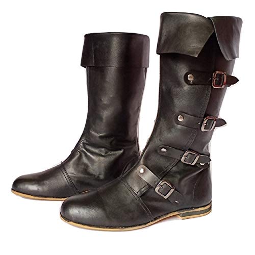 Image of AnNafi Medieval Leather Boots 4 Buckle | Renaissance Loafer Long Boot Pirate Costume Viking Mens Shoes SCA LARP Riding