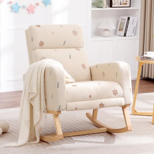 Image of HCHAIRH Rocking Chair Nursery, Nursing Rocking Chairs with Foot Rest for Mom Nursery, Teddy Glider Rocker Chair with Footrest and High Backrest for Living Room, Bedroom, Bear Printed Beige