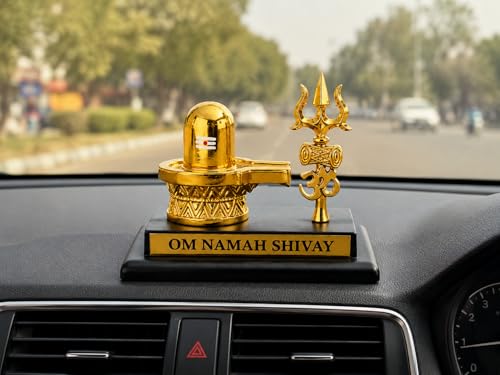 Image of Shivling with Trishul Gold Plated Idol for Car Dashboard, Home Decor & Office Desk | Om Namah Shivay Shiva Lingam Murti | Spiritual Gift Item for Pooja & Housewarming