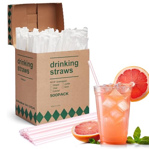 Glotoch Express 500 PCS Individually Wrapped Plastic Straws, 10.25'' Long, 0.24'' Diameter Disposable Drinking Straws for Every Occasion, Party, Made in USA (White & Red Stripes)