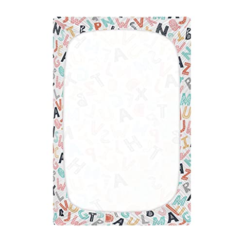 Image of Fitted Crib Sheets ABC Cartoon Alphabet Stretchy Portable Playard Sheets for Baby Toddler, Breathable Soft Mini Crib Mattress 52 x 28 in for Boys and Girls