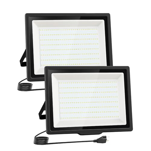 uwiner Flood Lights Outdoor,24000LM Bright Work Light Plug in,6500K Daylight White LED Flood Light Outdoor, IP66 Waterproof Exterior Floodlight for Yard Garage Stadium 2 Pack (200W)