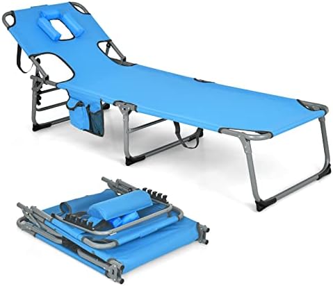 Giantex Beach Chaise Lounge Chair, Patio Folding Lounger with Face Cavity Hole, Detachable Pillow, Arm Slots, Storage Pouch, Portable Tanning Chair for Poolside Adjustable Sunbathing Chair(1,Blue)
