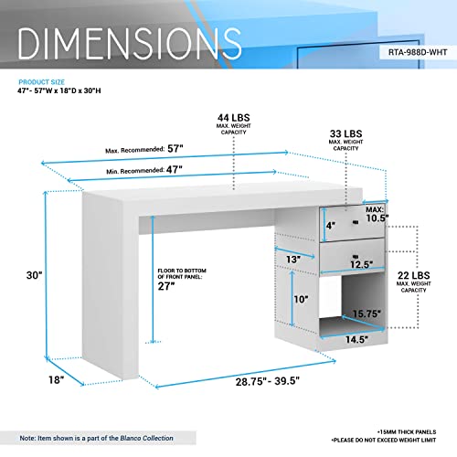 Techni Mobili Expandable Desk With Storage Drawers & Open Shelf - Expands From 47 Inch To 57 Inch - White Computer Desk With Printer Space - Modern Home Office Table With Drawers Blanco Collection #TOP2