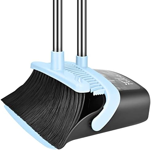 Broom and Dustpan Set Heavy Duty, Folews 55 Inch Long Handle Dust Pan and Broom Commercial Large Broom with Dustpan Combo Set Upright Dustpan Broom for Lobby Home Kitchen Outdoor Indoor - Blue