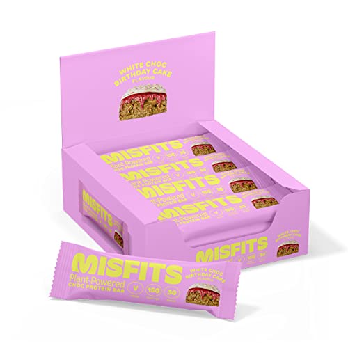 Misfits vegane Proteinriegel White Choc Birthday Cake - Pflanzliches Protein - Kohlenhydrate mit geringem Zuckergehalt - Glutenfrei - Proteinreich - 12er Packung Cover