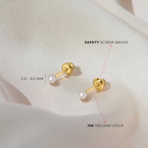 14k Yellow Gold Classic Freshwater Cultured Pearl Screw Back Earrings for Girls - Stud Earrings for Babies, Toddlers & Little Girls - Small Classic Girl Stud Earrings4