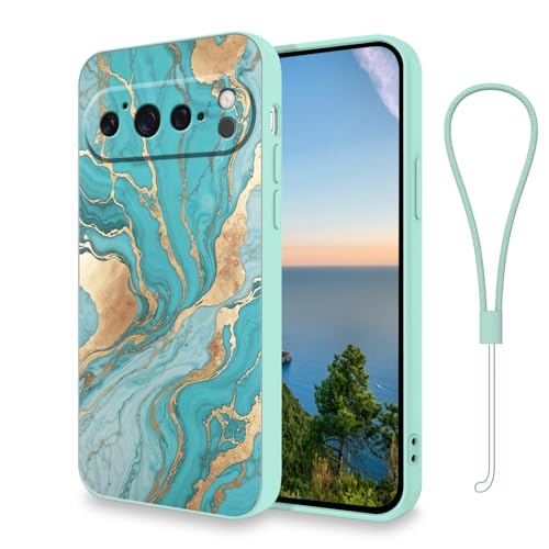 Coque Google Pixel 10 Pro silicone cyan motif marbre antichoc avec dragonne