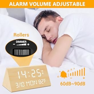 Kogonee Wooden Digital Alarm Clock, 0-100% Dimmer, 2 Alarm Settings, Weekday/Everyday Mode, 9 Mins Snooze, 12/24H, Temperature and Date Display for Office, Travel, Bedroom Alarm Clock (Bamboo)