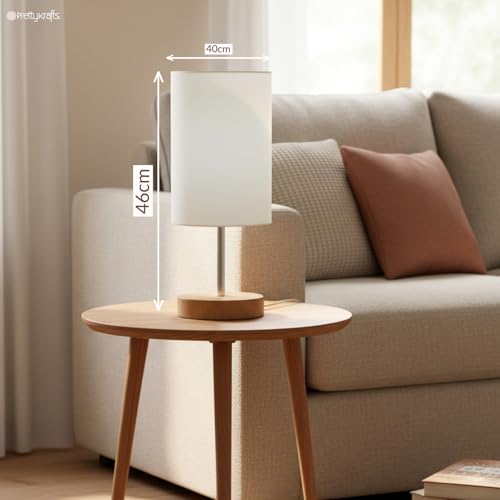 Image of PrettyKrafts Cylindrical Table Lamp with Wooden Base (Bulb Not Included) | 40 x 40 x 46 cm | Natural Color | Modern Decorative Bedside Desk Lamp, Nightstand & Living Room Lamp | Home Decor Lighting