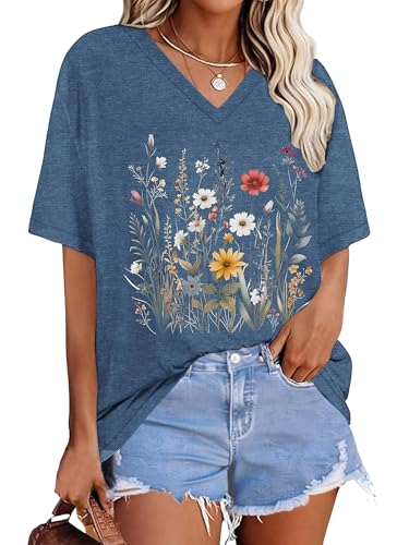 Womens Oversized Tee Shirts V Neck Flower Graphic Vintage Tshirts Casual Loose Fitting Short Sleeve Tops,Navy Flower,Large