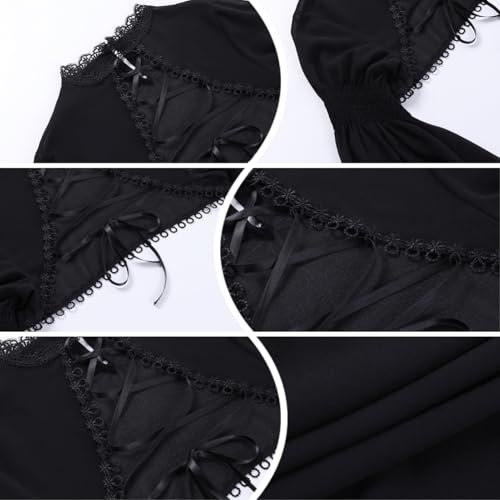 Image of Women Gothic Crop Top Shirt Y2K Black Bell Sleeve Shawl Cardigan