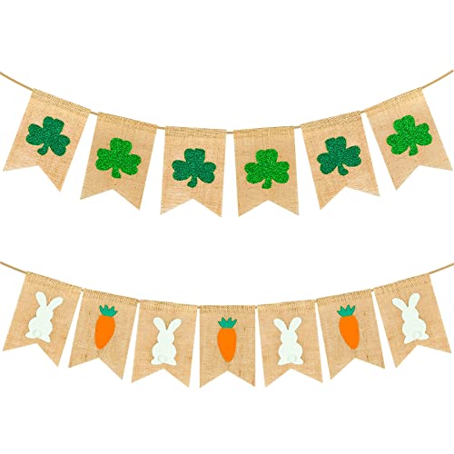 Whaline St. Patrick's Day Easter Banner with String Green Shamrock Easter Bunny Carrot Prints Burlap Banner Holiday Hanging Bunting Garland for Irish Lucky Day Party Supplies Home Decoration