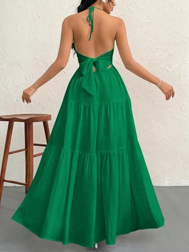 Image of Narecte Women's Maxi Summer Dresses Halter V Neck Beach Dresses for Women A-Line Casual Dress for Vacation