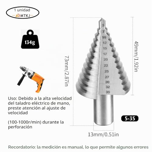 Miniatura 2 de Broca Escalonada, Broca Cónica Hss Titanio 5 35mm Broca Hss Eje Triangular De 10 Mm Broca Conica De 13 Niveles Para Madera, Plástico, Latón, Aluminio, Pvc
